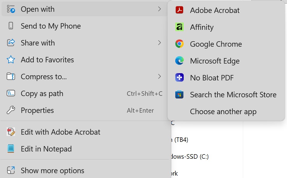Windows Open with menu showing No Bloat PDF